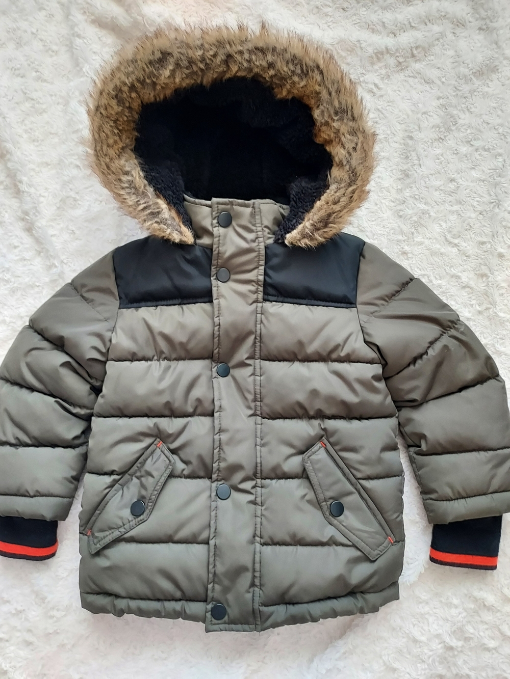 Olive Green Toddler 2T Hooded Puffer Coat Faux Fur Trim Warm Snow Winter Play